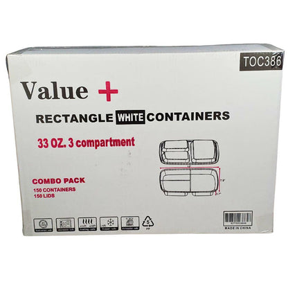 Value+ - 33oz 3 Compartment Rectangle Container - White