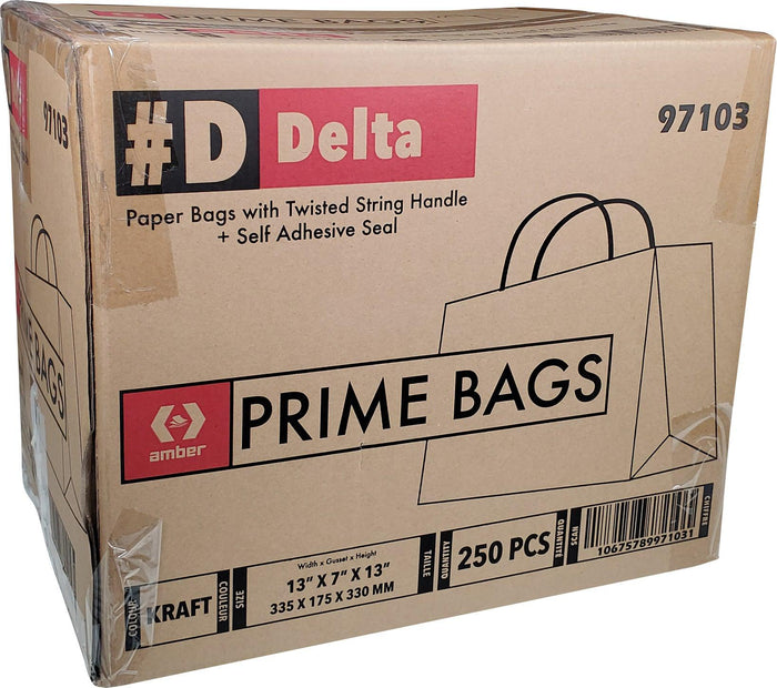 Prime Bags - Self Adhesive Paper Bags with Twisted Handles - 13x7x13