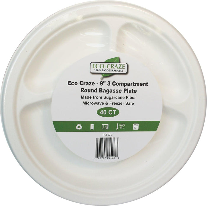 Eco-Craze - 9" 3 Compartment- Bagasse Round Plate - Retail Pack