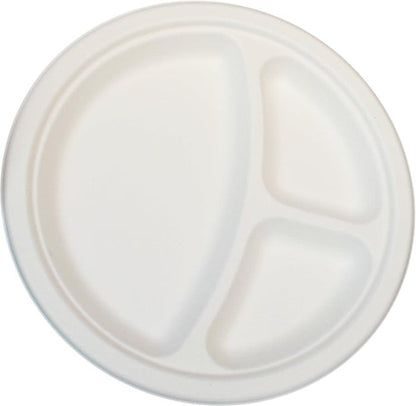 Eco-Craze - 9" 3 Compartment- Bagasse Round Plate - Retail Pack