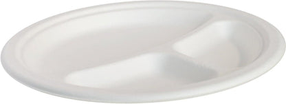 Eco-Craze - 9" 3 Compartment- Bagasse Round Plate - Retail Pack