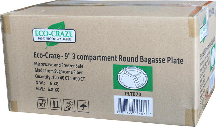 Eco-Craze - 9" 3 Compartment- Bagasse Round Plate - Retail Pack