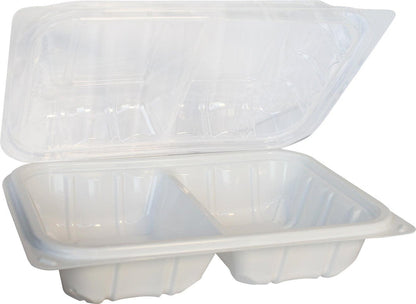 Value+ - YR962W-V - PP Hinged Cont. - 8.9x6.3x2.6"-2Compt. - White w/Clear Lid