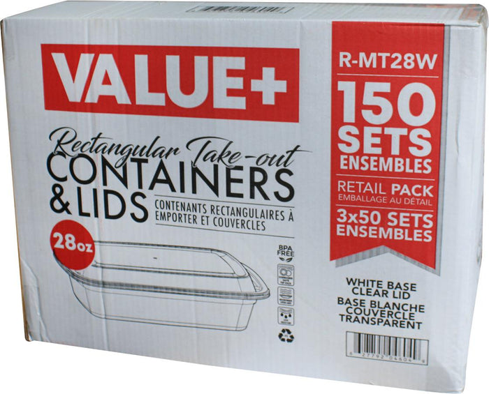 Value+ - 28oz Rectangle Plastic Container - White - Retail Pack