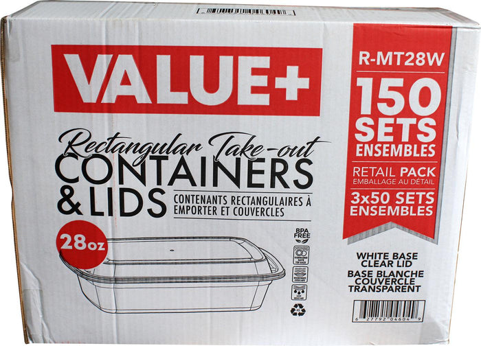 Value+ - 28oz Rectangle Plastic Container - White - Retail Pack