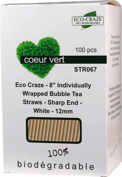 Eco-Craze - 8" Ind. Wrapped Bubble Tea Straws - Paper - Sharp End - White - 12mm