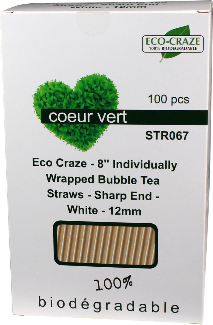 Eco-Craze - 8" Ind. Wrapped Bubble Tea Straws - Paper - Sharp End - White - 12mm