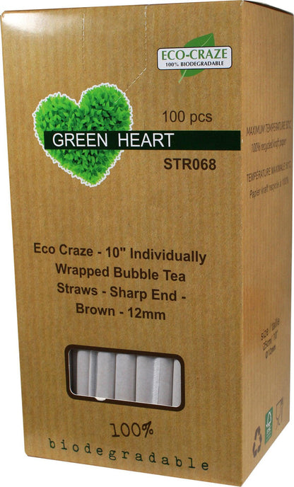 Eco-Craze - 10" Ind. Wrapped Bubble Tea Straws - Paper - Sharp End - Brown - 12mm