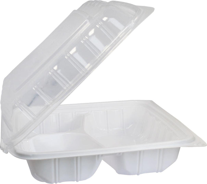 Value+ - YR993W-V - PP Hinged Cont. - 9.3x9x3"- 3 Comt.- White w/Clear Lid