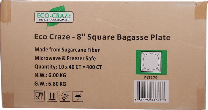 Eco-Craze - 8" Square Bagasse Plate - Retail Pack