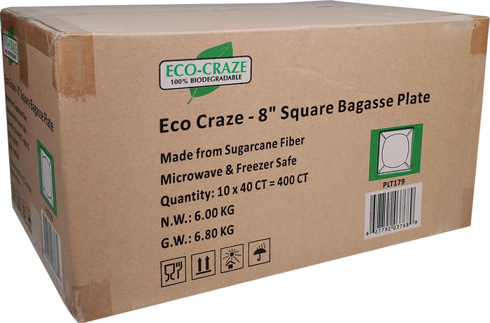 Eco-Craze - 8" Square Bagasse Plate - Retail Pack