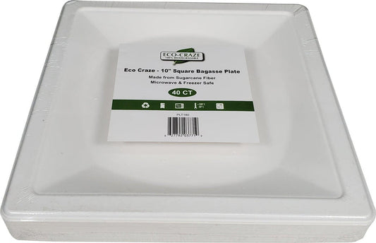 Eco-Craze - 10" Square Bagasse Plate - Retail Pack