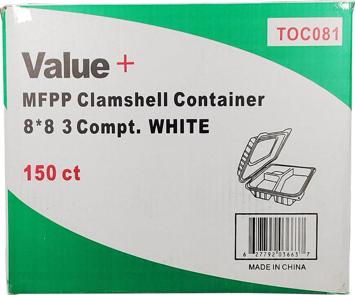 Value+ - MFPP Clamshell Container - 8x8x2.8" - 3 Compt. - White