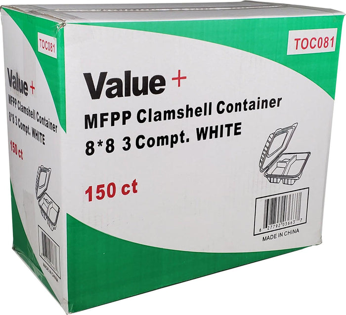 Value+ - MFPP Clamshell Container - 8x8x2.8" - 3 Compt. - White