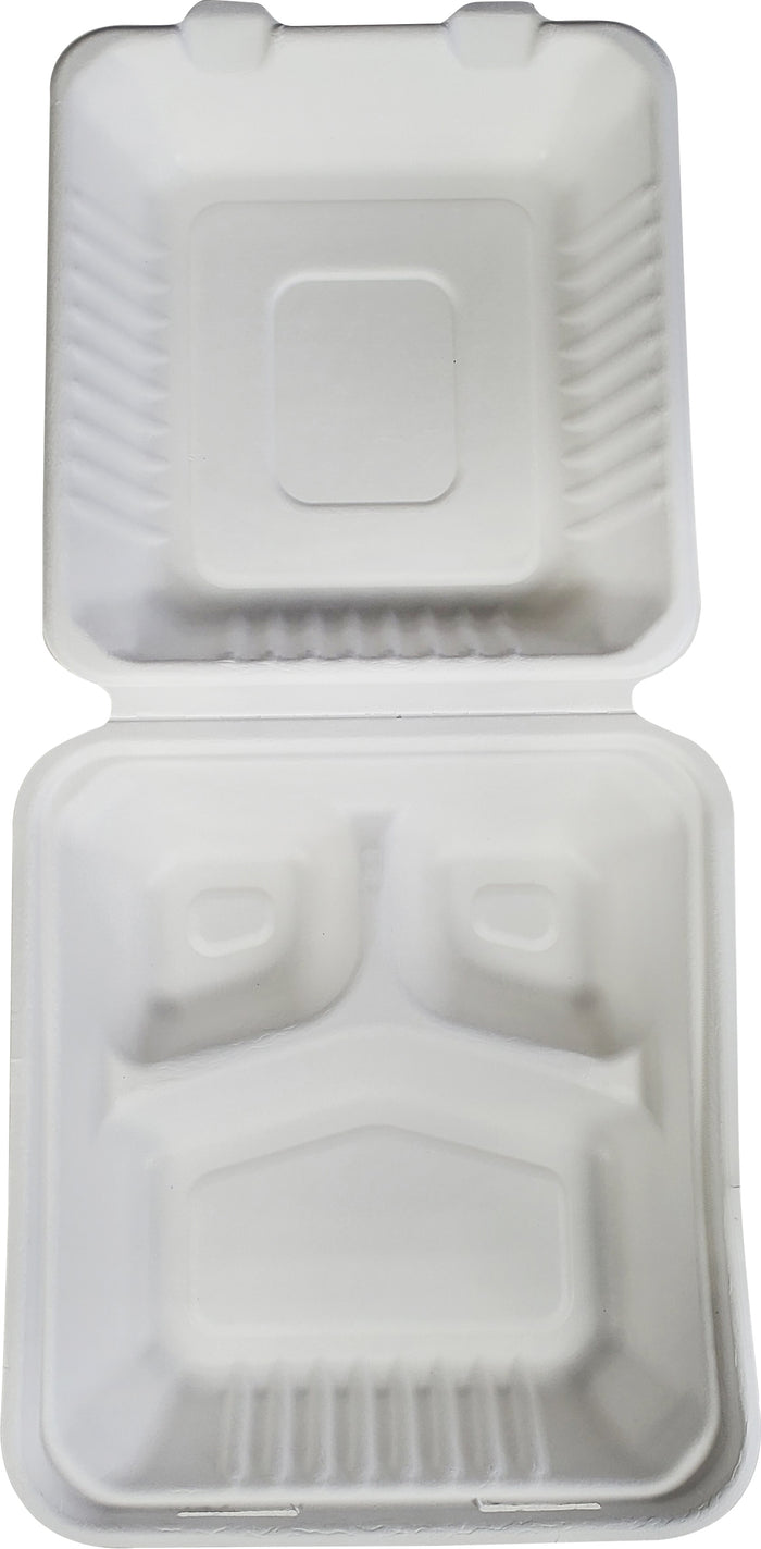 CLR - Rolaco - 8" Foodbox Clamshell - Bagasse - 3 Comp. - BAG-8-200CLN3