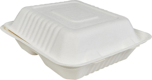 CLR - Rolaco - 8" Foodbox Clamshell - Bagasse - 3 Comp. - BAG-8-200CLN3