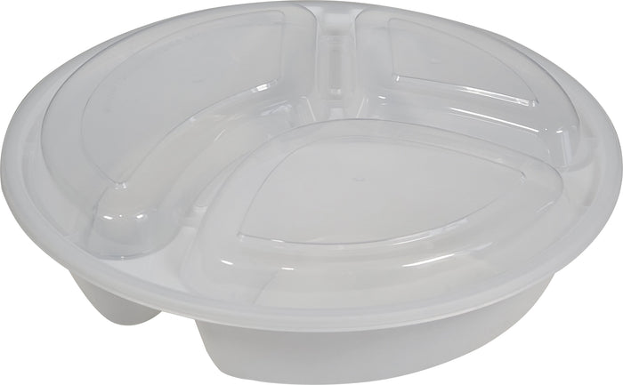 Value+ - 9" 3 Comptartment Round White Plastic Container