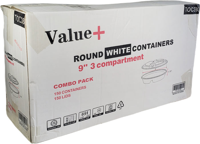 Value+ - 9" 3 Comptartment Round White Plastic Container