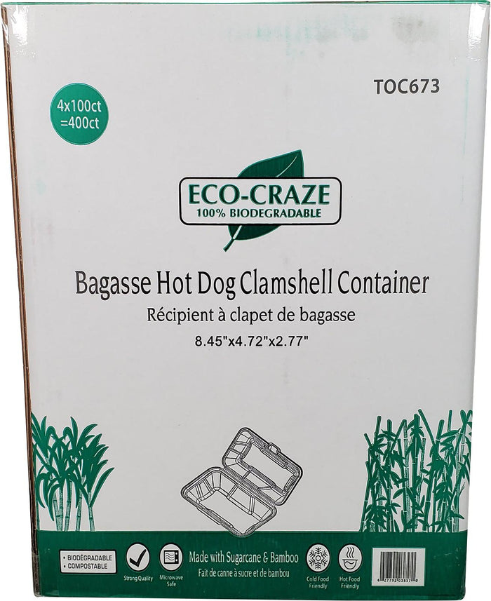 Eco-Craze - Hot Dog - 8.45"x4.72"x2.77" - Bagasse Hinged Container