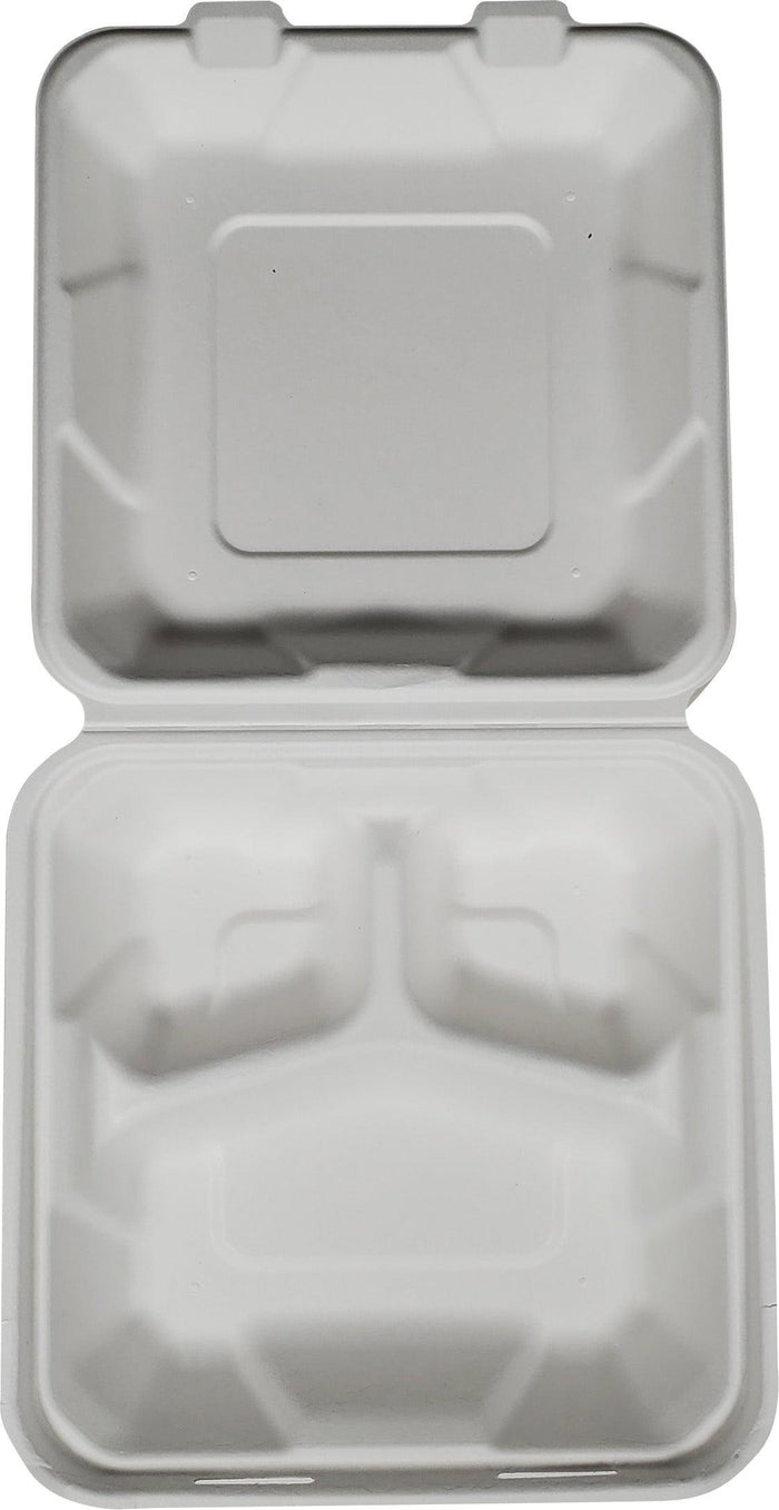 Eco-Craze - 8X8X3 - 3 Compartment Bagasse Clamshell - Biodegradeable EM-773