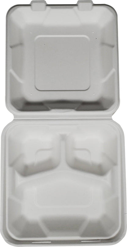 Eco-Craze - 8X8X3 - 3 Compartment Bagasse Clamshell - Biodegradeable EM-773