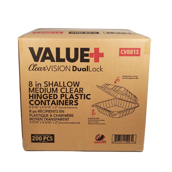 Value+ - Dual Lock - 8in Shallow Medium Clear Hinged Containers - CV881S