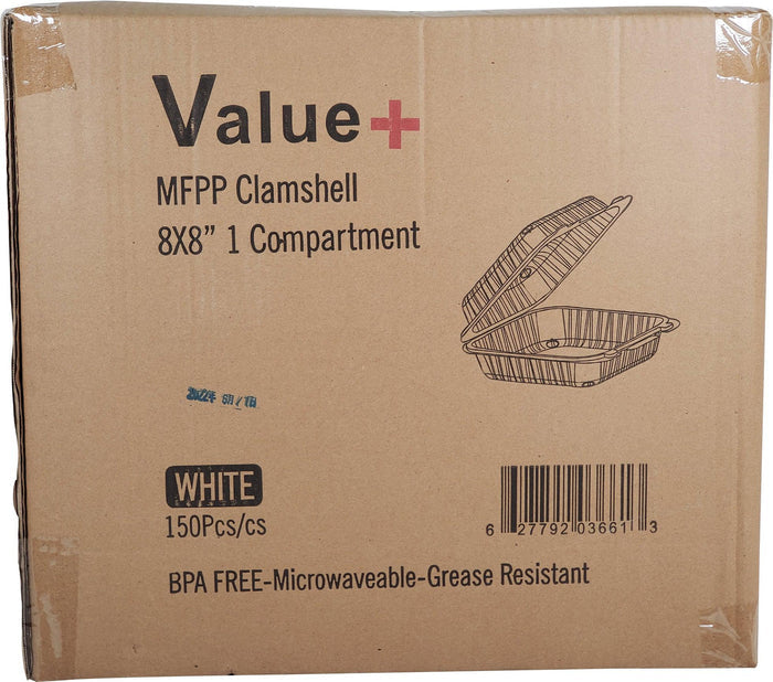 Value+ - MFPP Clamshell Container - 8x8x2.8"- 1 Compt - White